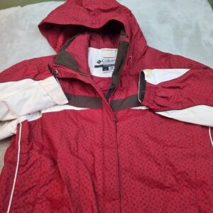 Columbia Interchange Ski Jacket Womens Lg Red Geometric Hooded Waterproof Shell